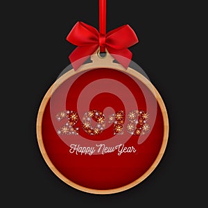 Happy New Year 2018 round banner with red ribbon and bow. Number 2018 made of snowflakes on a red background. Vector