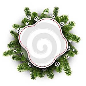 Happy New Year rounded greeting card template with paper snowflaker and fir branches photo