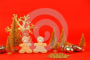 Happy New Year`s 2022, Christmas set of gingerbread man and woman in face mask and red gold decorations on classic traditional re