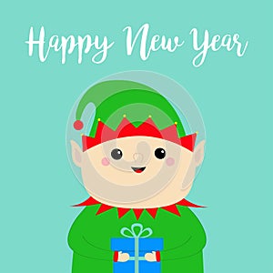 Happy New Year. Santa Claus Elf face holding gift box. Green hat. Merry Christmas. Cute cartoon funny kawaii baby character.