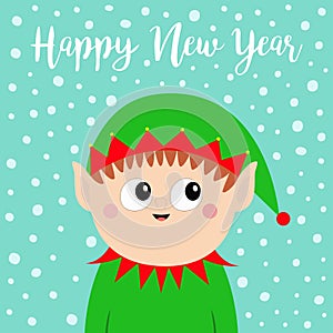 Happy New Year. Santa Claus Elf head face icon. Green hat. Merry Christmas. Cute cartoon funny kawaii baby character. Flat design