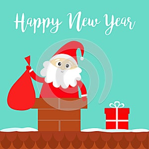Happy New Year. Santa Claus in the roof chimney holding bag. Red hat, costume, beard, gift box. Merry Christmas. Cute cartoon
