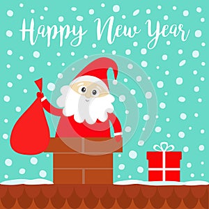 Happy New Year. Santa Claus in the roof chimney holding bag. Red hat, costume, beard, gift box. Merry Christmas. Cute cartoon