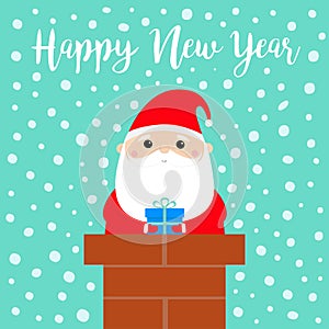 Happy New Year. Santa Claus on the roof chimney. Red hat, beard, costume, belt buckle, bag, gift box. Merry Christmas. Cute
