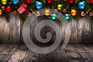 2017 Happy New Year seasonal background with real wood green pine, colorful Christmas baubles, gift boxe and other seasonal stuff