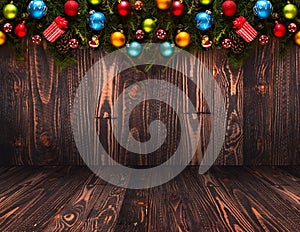 2017 Happy New Year seasonal background with real wood green pine, colorful Christmas baubles, gift boxe and other seasonal stuff