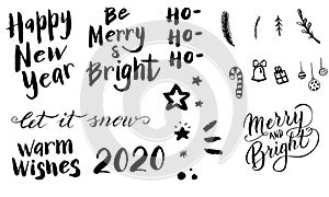 Happy new year set. Black and white isolated new year, merry and bright, let it snow, hohoho, warm wishes greeting typography