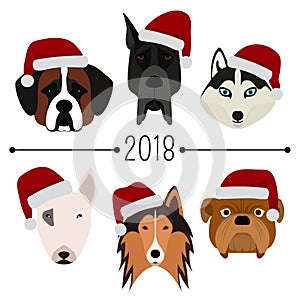 2018. Happy New Year. Set of 6 dog`s head with santa claus cap. Flat design. Pets. Cute doggies. Cartoon character