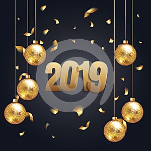 Happy New Year 2019 - New Year Shining background with gold christmass ball and glitter confetti. Vector winter holiday