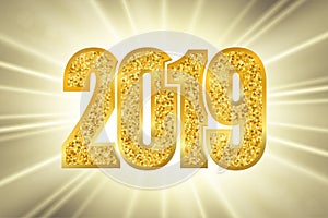 Happy New Year shiny gold number 2019. Golden glitter digits on sun rays bokeh background. Shiny glowing design, light
