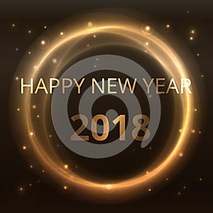 Happy new year 2018 shiny golden star gradient circle abstract on black background, yellow starry night effect.