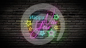 Happy new year shiny neon fluorescence sign glow on black brick wall. colorful sign board with text Happy new year and colorful