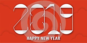 Happy New Year 2019 with shodow of cloud on red background. Vector illustration with calligraphy design of number in paper cut and photo