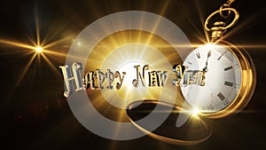 Happy New Year Sign With Vintage Pocket Watch Striking Midnight