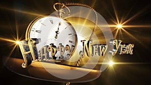 Happy New Year Sign With Vintage Pocket Watch Striking Midnight