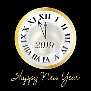 Happy new year silver gold clock on black graphic