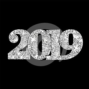 Happy New Year silver number 2019. Silvery glitter digits isolated on black background. Shiny glowing design. Light