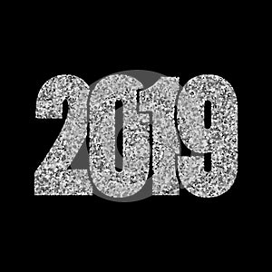 Happy New Year silver number 2019. Silvery glitter digits isolated on black background. Shiny glowing design. Light