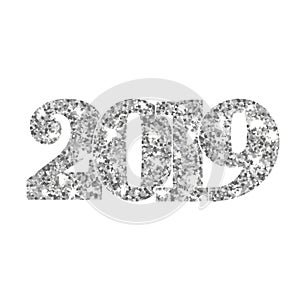 Happy New Year silver number 2019. Silvery glitter digits isolated on white background. Shiny glowing design. Light