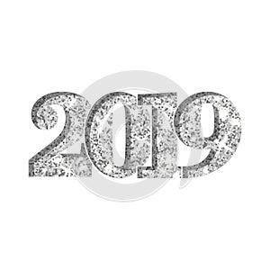 Happy New Year silver number 2019. Silvery glitter digits isolated on white background. Shiny glowing design. Light
