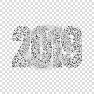 Happy New Year silver number 2019. Silvery glitter digits isolated white transparent background. Shiny glowing design