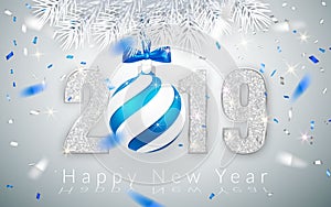 Happy New Year 2019, silver numbers design of greeting card, falling shiny confetti, Xmas ball with blue bow, Vector illustration