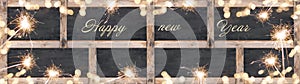 Happy new year / silvester background banner panorama texture- Collage set of empty dark blackboard chalkboard wall, with wooden