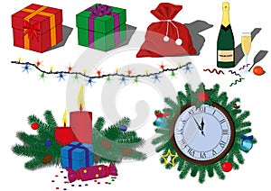 Happy new year simbols and decorations vector illustration set photo