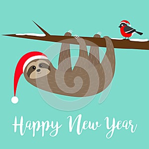 Happy New Year. Sloth hanging on rowan rowanberry sorb berry tree branch. Bullfinch bird. Santa hat. Merry Christmas. Cute cartoon