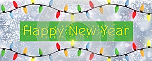 Happy New Year - A snowflake background banner with multiple colour Christmas Tree lights