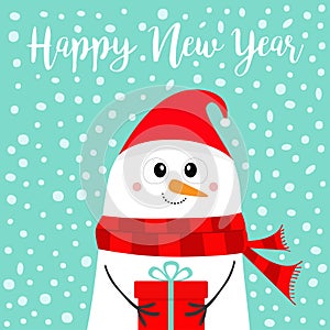 Happy New Year. Snowman holding gift box present. Carrot nose, red Santa hat, scarf. Merry Christmas. Cute cartoon funny kawaii