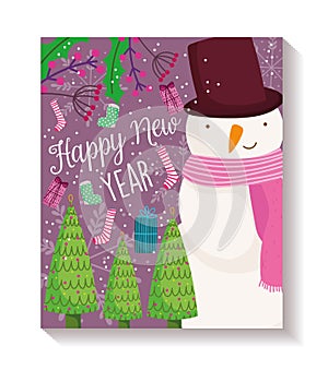 Happy new year snowman trees gift sock decoration poster