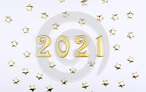 Feliz nuevo 2021. espumoso bebé números en blanco estrellas. objeto diseno día festivo tarjeta de felicitación 
