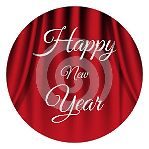 Happy new year sticker or banner. Realistic red theater curtain background. Vector illustration.