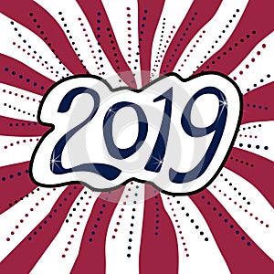 Happy New Year 2019 sticker on striped background. photo