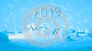 Happy new year 2019 swap 2018 broken isolated numbers lettering written by white stone or paper on blue background full