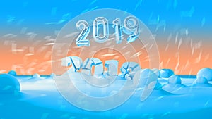 Happy new year 2019 swap 2018 broken isolated numbers lettering written by white stone or paper on blue background full