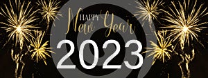 Happy new year 2023, Sylvester, new year's eve background banner panorama long greeting card - Golden firework