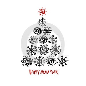 Happy new year text. Black snowflake Christmas tree on white background. Christmas vector card