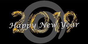 Happy New Year text. Bright gold number 2019 with sparkle isolated on black background. Holiday golden glitter design