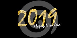 Happy New Year text. Bright gold number 2019 with sparkle isolated on black background. Holiday golden glitter design