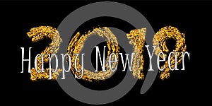 Happy New Year text. Bright gold number 2019 with sparkle isolated on black background. Holiday golden glitter design