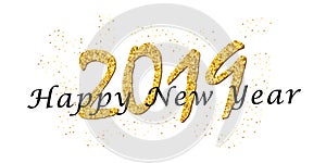 Happy New Year text. Bright gold number 2019 with sparkle isolated on white background. Holiday golden glitter design