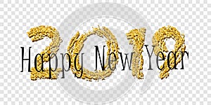 Happy New Year text. Bright gold number 2019 with sparkle, isolated white transparent background. Holiday golden glitter