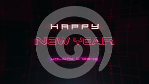 Happy New Year text on computer screen with glitch effect
