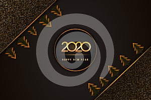 Happy New Year 2020 text design with golden numbers and Christmas trees on black background textured with halftone pattern.