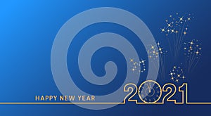 2021 Happy New Year text design with golden numbers and vintage clock on blue background with fireworks.