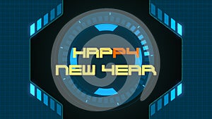 Happy New Year text on digital screen with HUD elements
