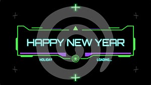 Happy New Year text on digital screen with HUD elements