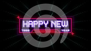 Happy New Year text on digital screen with HUD elements